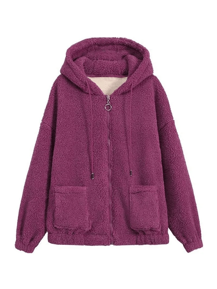 Stylish loose women's fleece jacket with hood, SF1955, in cotton, solid pattern, full sleeves, and casual fit for ultimate comfort.
